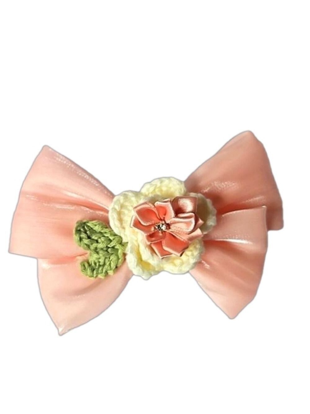 Hand Crafted Bow Hair Clip Pink Hand knit Crochet White Rose ribbon flower Clip